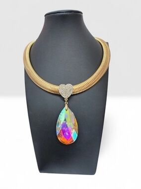 Gold Choker Necklace with Iridescent Teardrop Pendant and Pave Heart